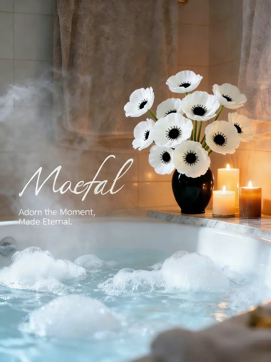 A vase of white faux anemones and candles creating a relaxing spa bathroom.
