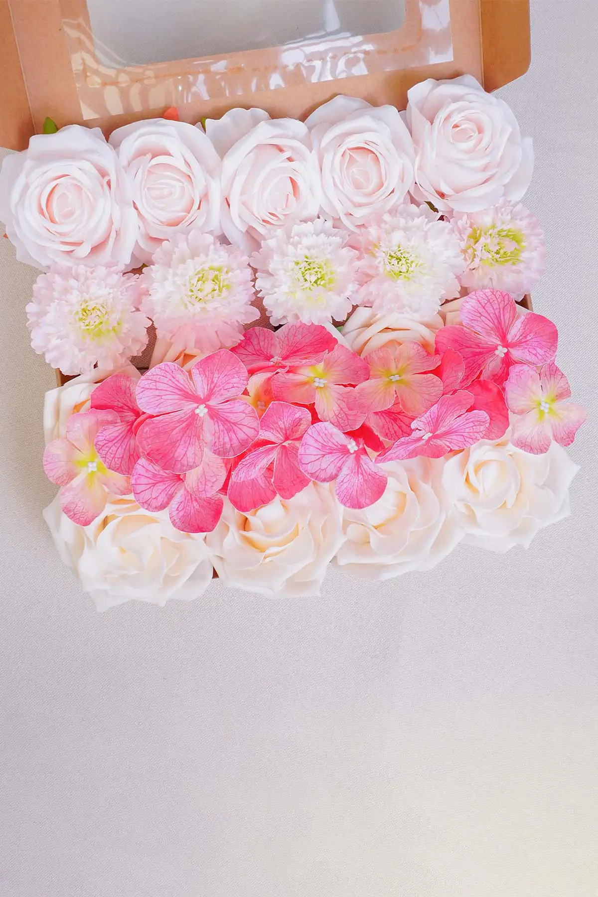 Powder pink and berry artificial flower box for DIY wedding centerpieces and home decor