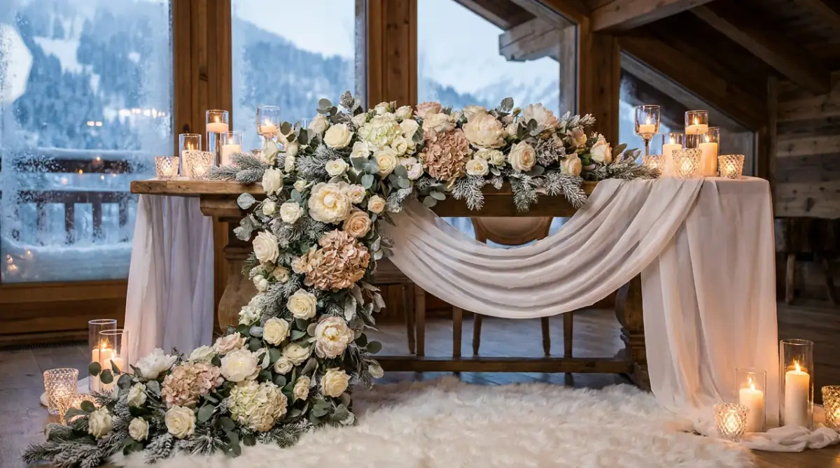 A sweetheart table decorated with a large floral garland for a cozy winter reception.