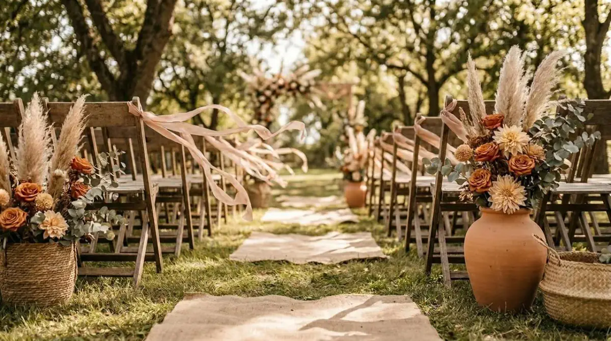 Large terracotta pots with rustic ceremony florals lining a sunlit, grassy wedding aisle path.