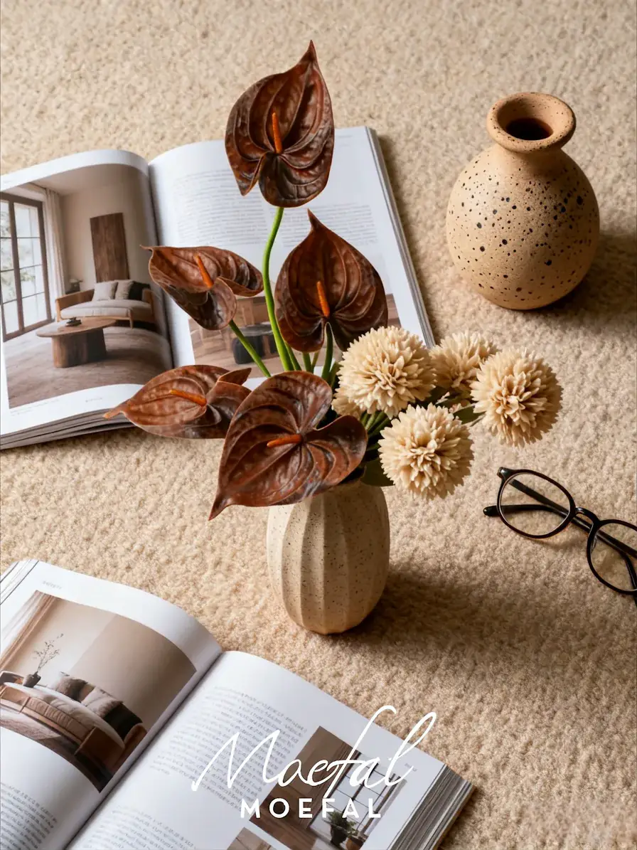 Coffee brown anthurium and beige pompon mums in a ceramic vase on a coffee table.