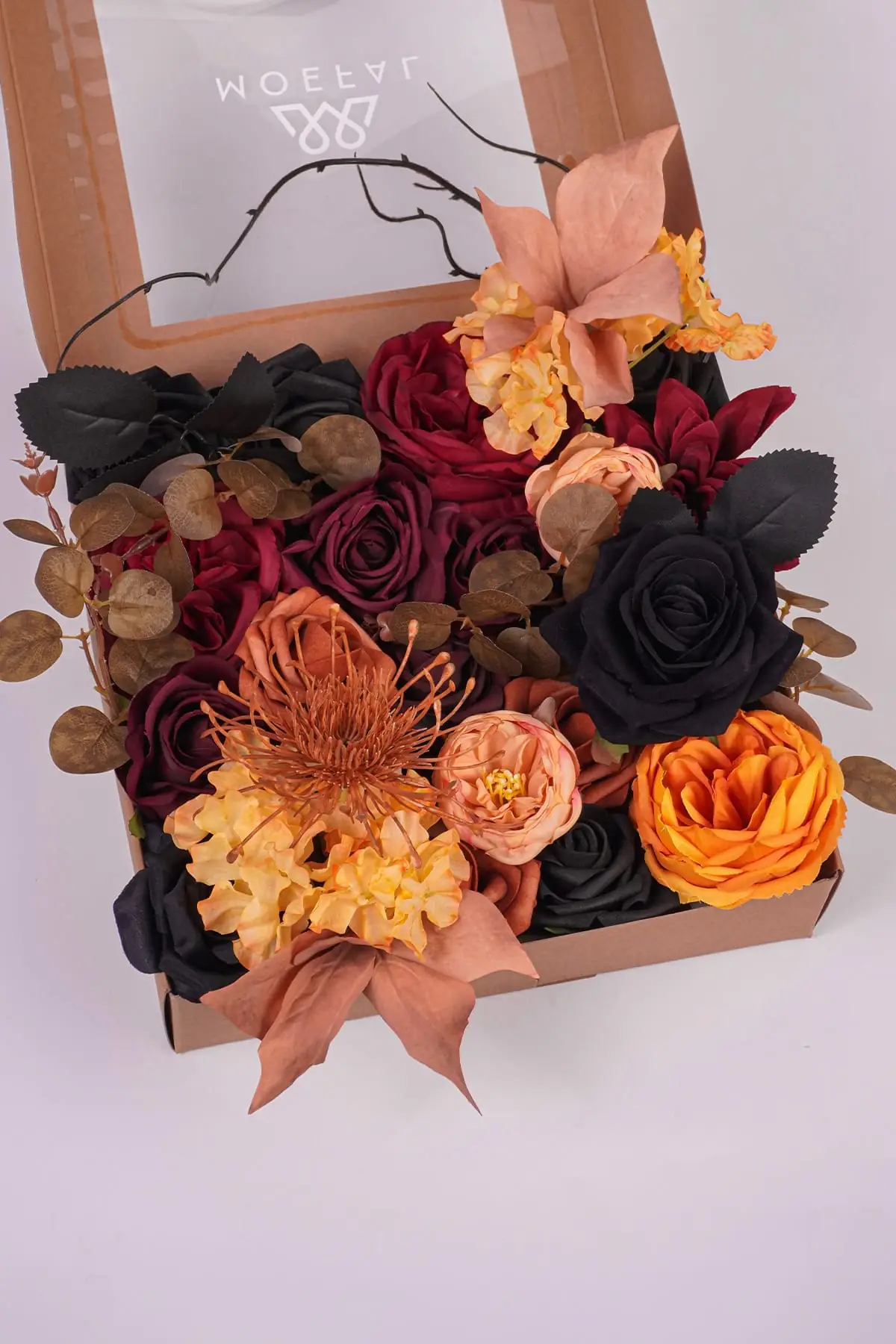 MOEFAL black and orange artificial flower box with 34 pieces: black and wine red roses, orange peony and spray roses, orange hydrangeas and a caramel spider mum for Halloween and fall decor