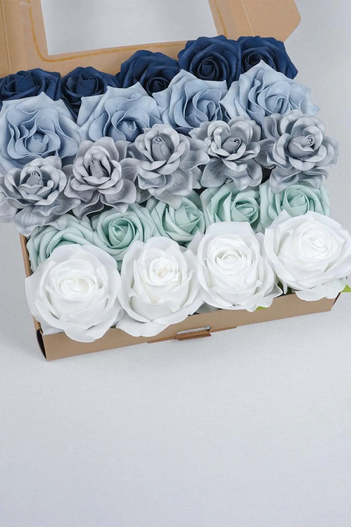 Dusty blue and ivory artificial flower box for DIY wedding centerpieces and home decor