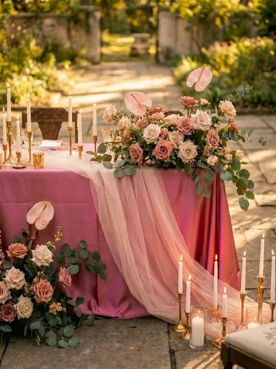 Sweetheart table styled with dusty rose artificial flowers and candles — MOEFAL Blush & Dusty Rose palette