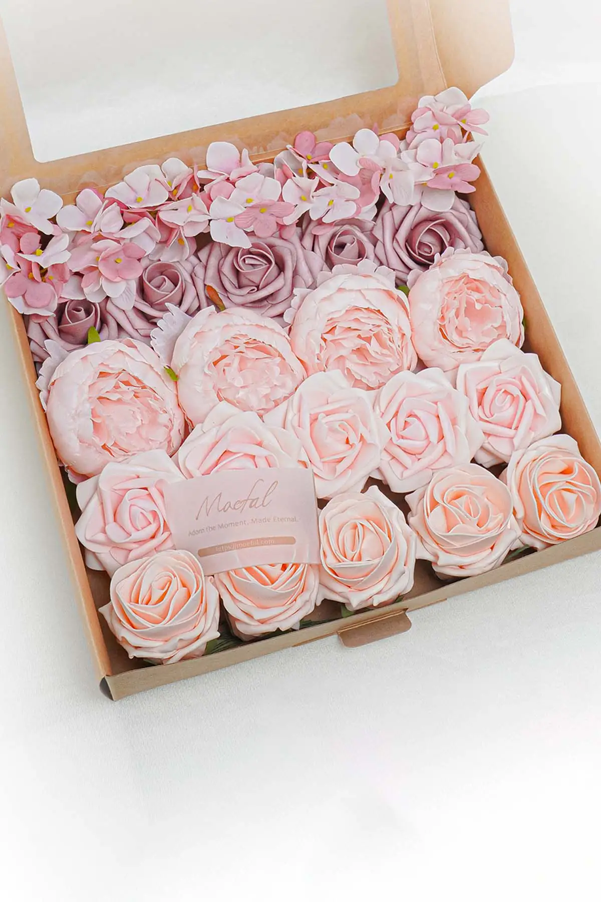 Pink and blush artificial flower box with hydrangea for DIY wedding centerpieces and home decor