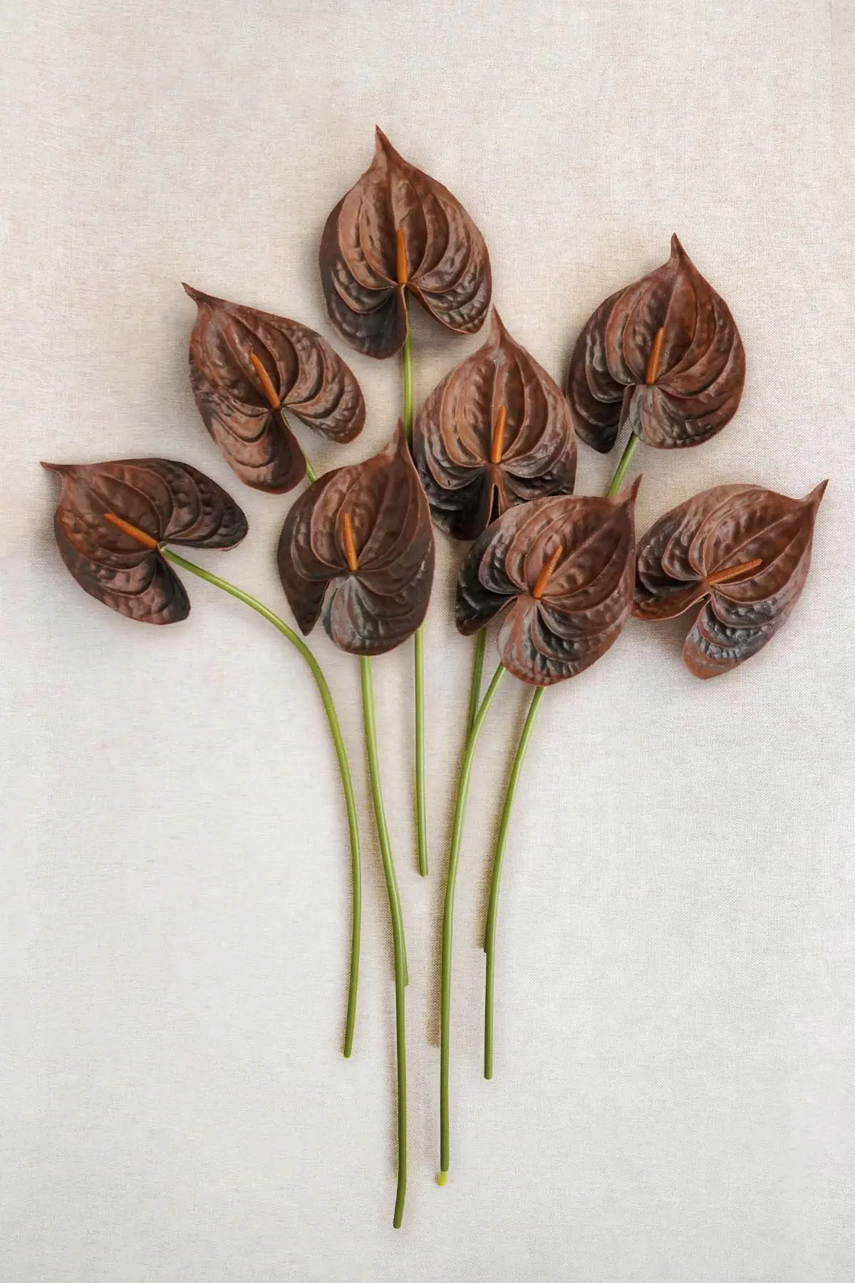 Brown real touch anthurium artificial flowers with stems for wedding bouquets and centerpieces