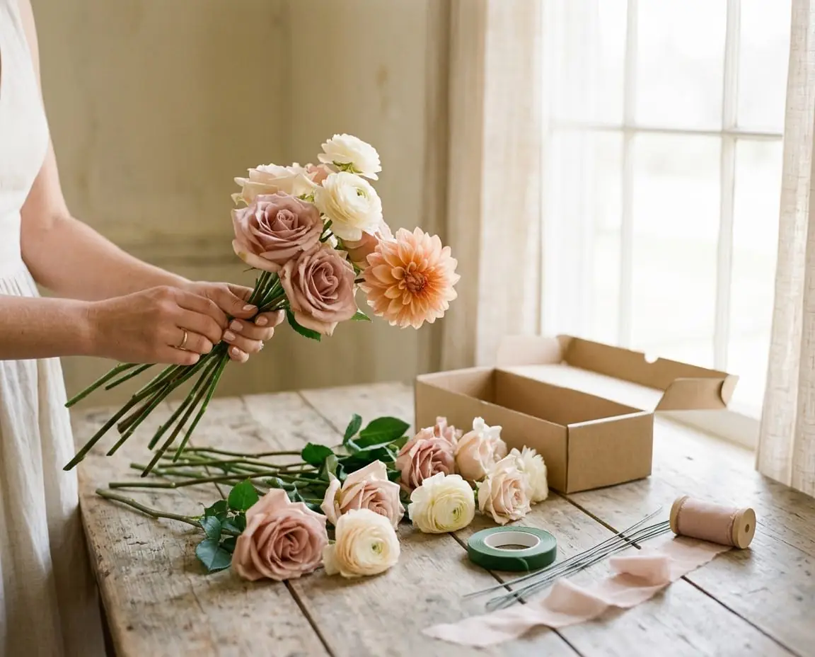 Hands arranging a bouquet of artificial dusty rose roses, cream ranunculus and a peach dahlia at a wooden table beside an open kraft flower box
