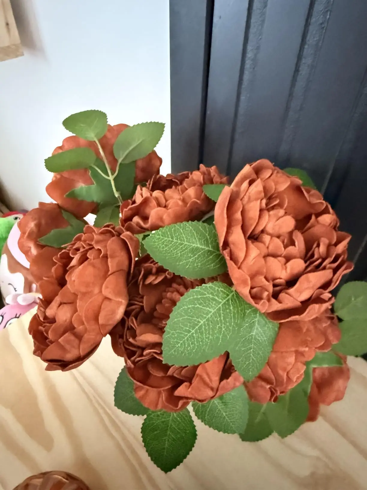 Close-up of terracotta vintage burnt edge peonies showing the ruffled petals and green leaves