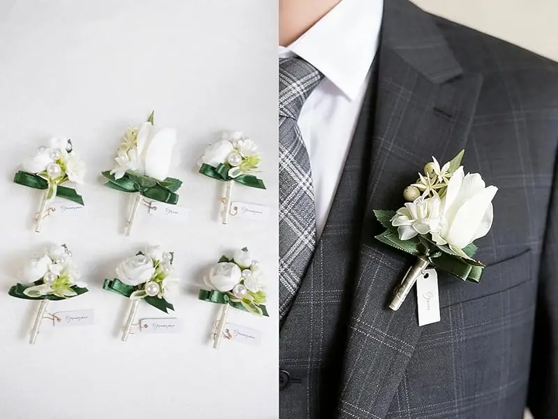 A split image showing a set of white boutonnieres and one worn on a charcoal plaid suit.