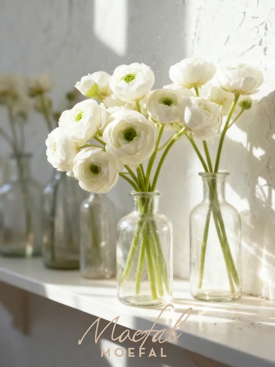 White ranunculus stems in glass vases on a sunlit shelf — MOEFAL Whites & Ivory palette