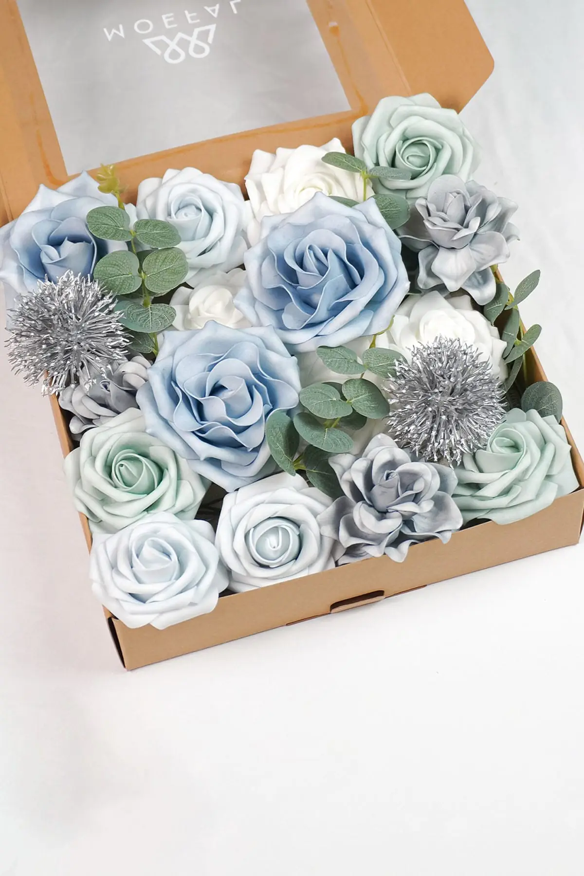 Dusty blue and white artificial flower box with mixed blooms for DIY wedding centerpieces