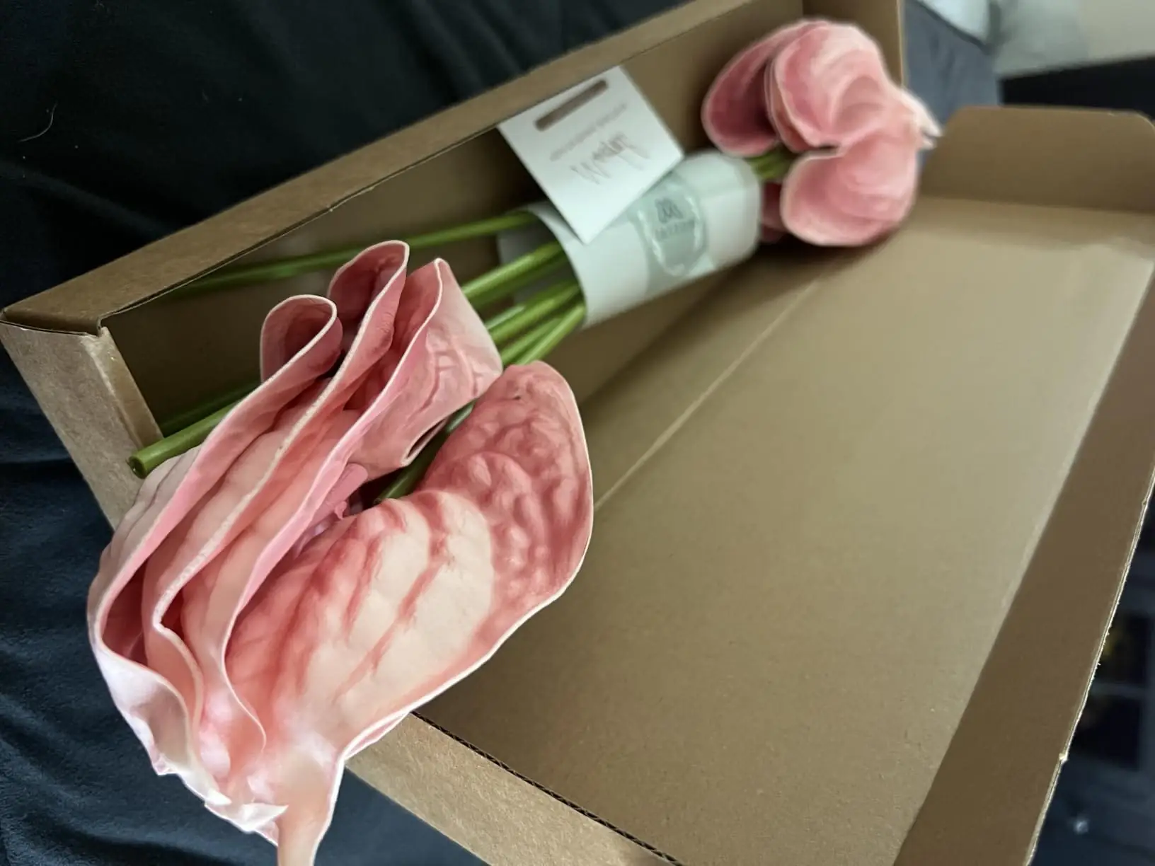 Blush pink artificial anthurium stems in a MOEFAL gift box