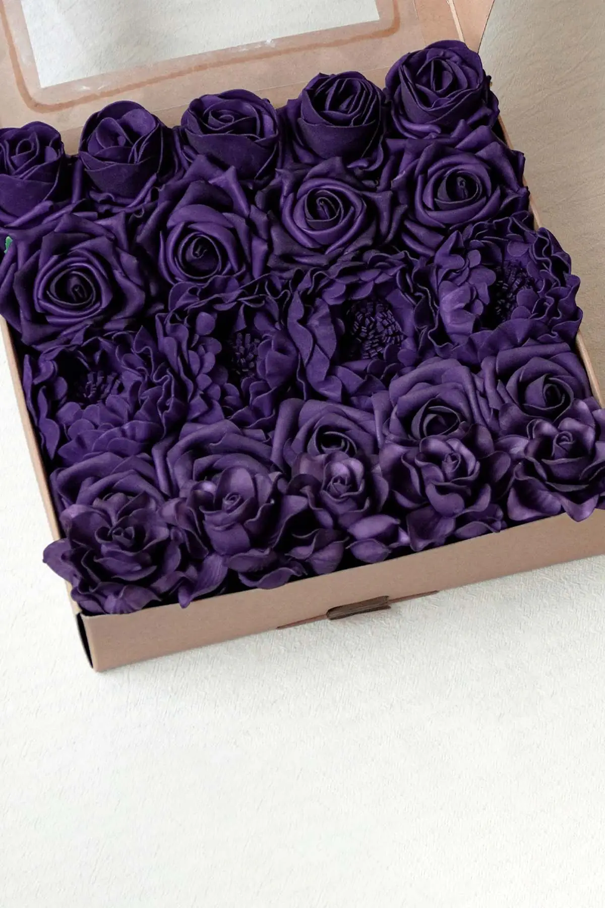 Purple artificial flower box with faux roses for DIY wedding centerpieces and home decor