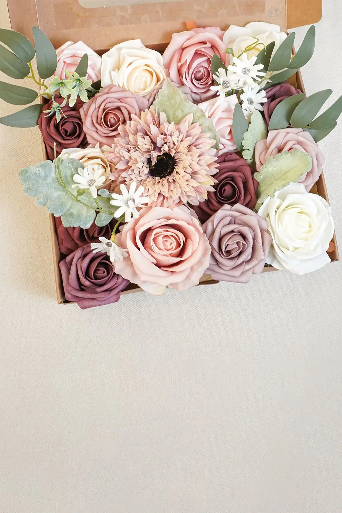 Dusty rose and burgundy artificial flower box with mixed blooms for DIY wedding centerpieces