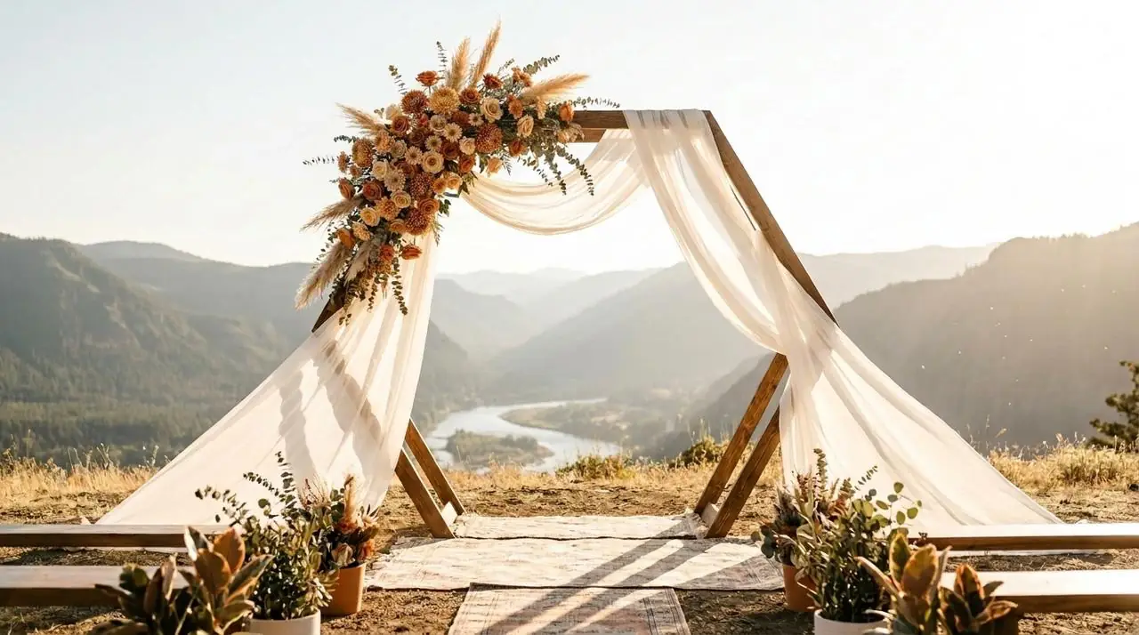 A wooden wedding arch with ceremony florals overlooking a scenic river valley at sunset.