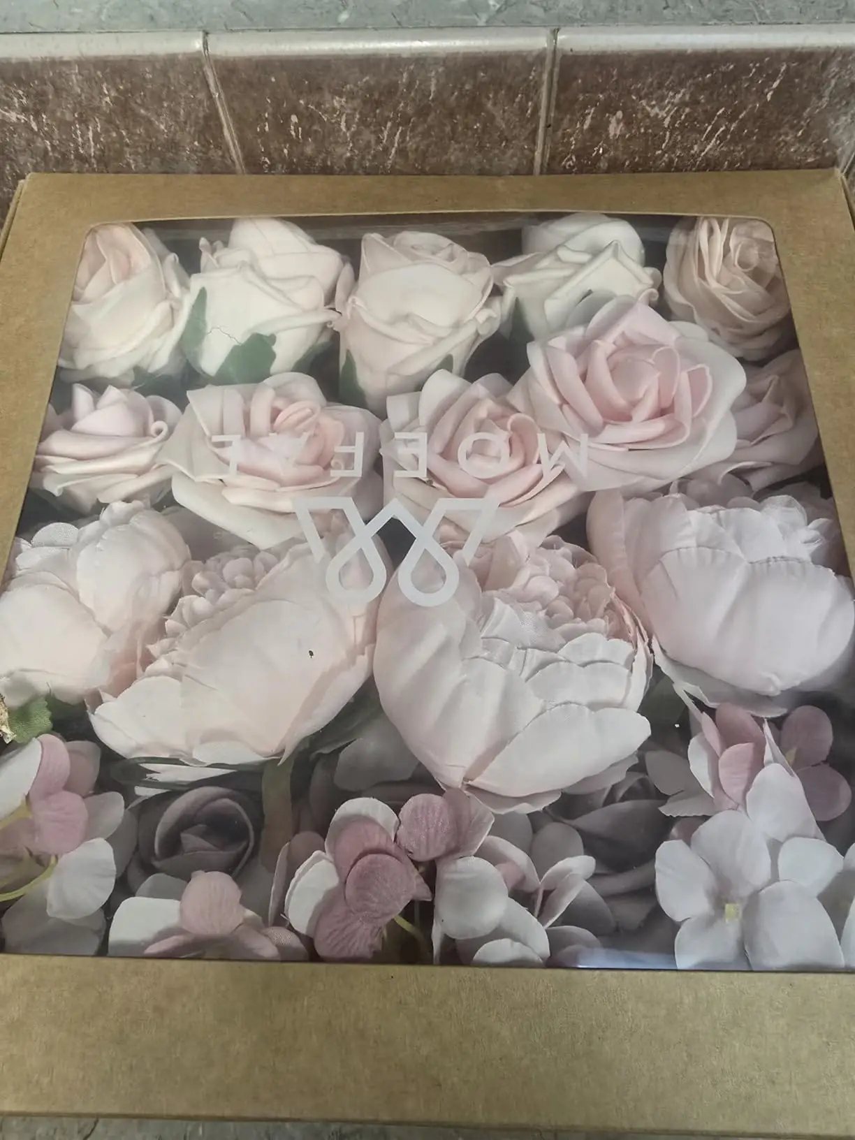 Blush and pink foam roses and peonies inside the MOEFAL window gift box