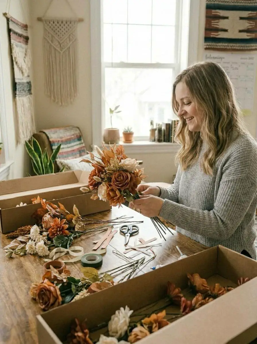 Bride-to-be arranging artificial flower stems at a wooden worktable — the MOEFAL studio