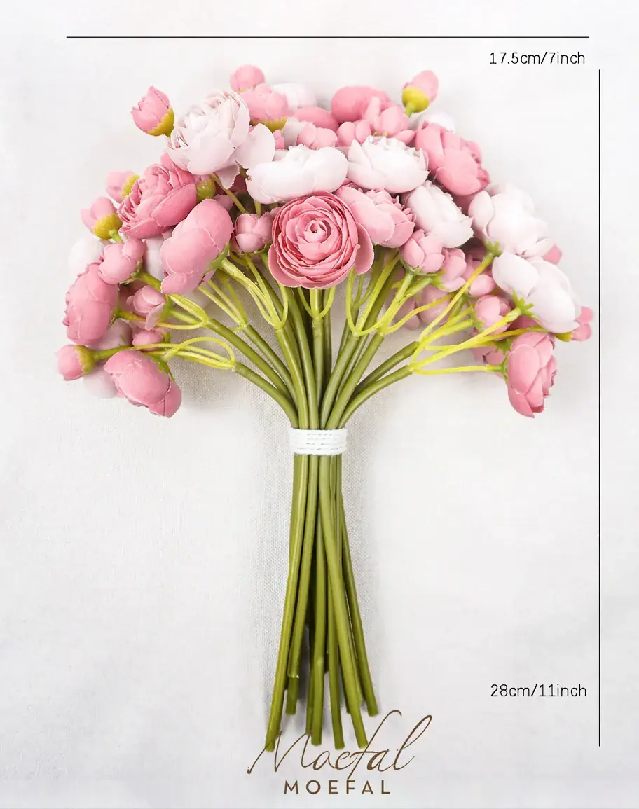 An overhead view of the dusty rose ranunculus bouquet with its dimensions clearly marked.