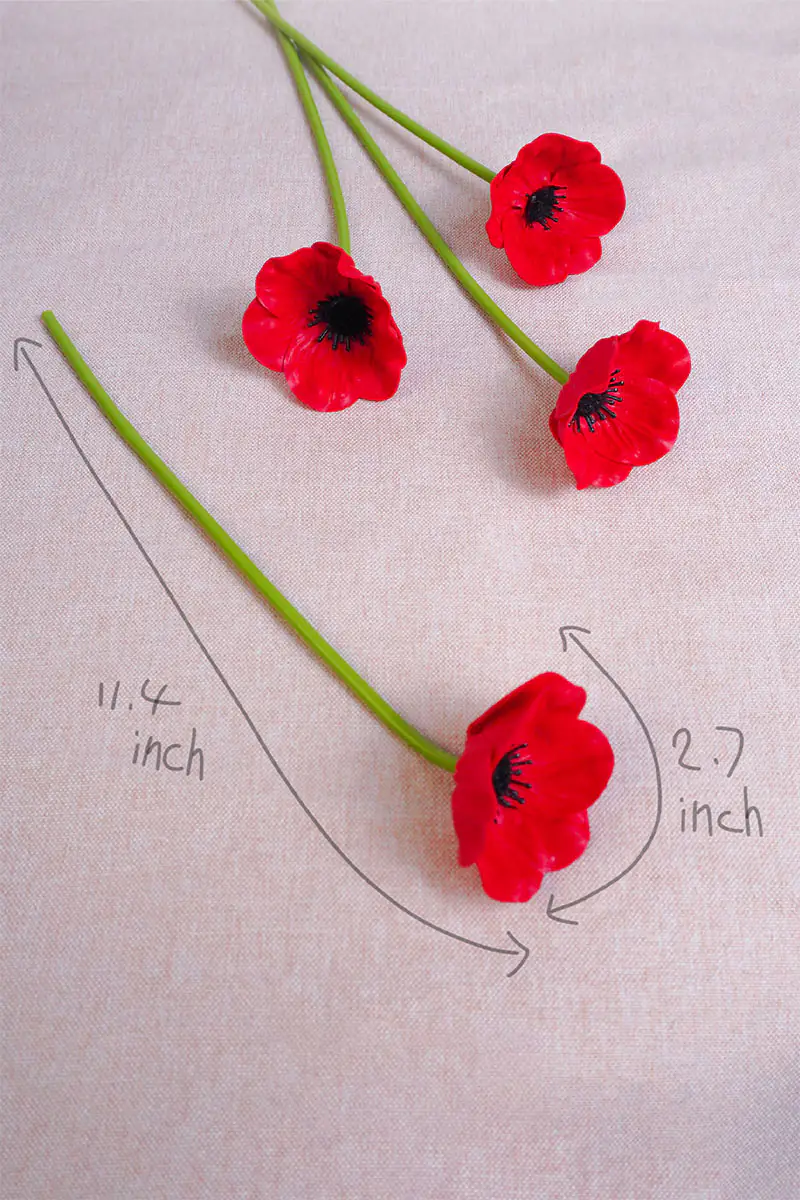 Red anemone poppy stems measured on linen: about 11.4 inches long with a 2.7 inch wide bloom