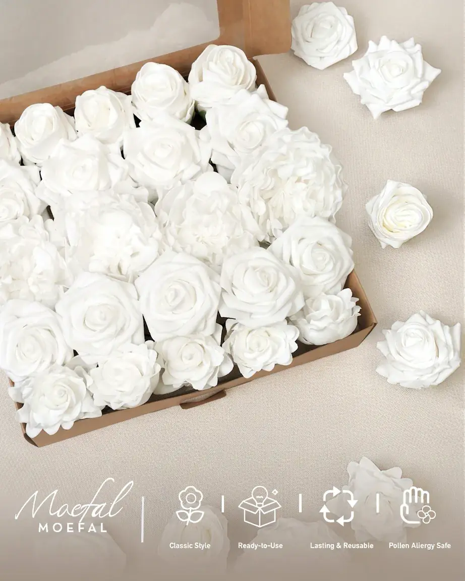 An assortment of white peonies and roses displayed beside their open combo box.
