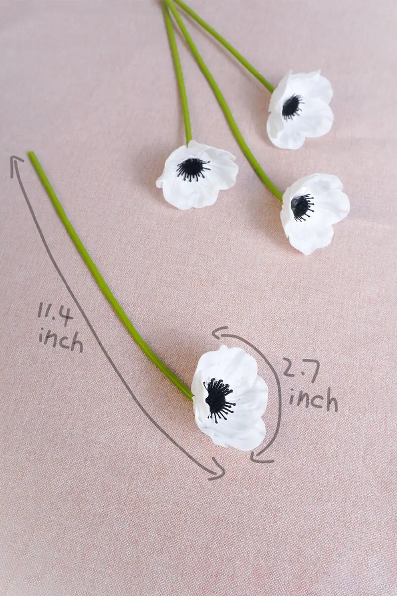 White anemone poppy stems measured on linen: about 11.4 inches long with a 2.7 inch wide bloom