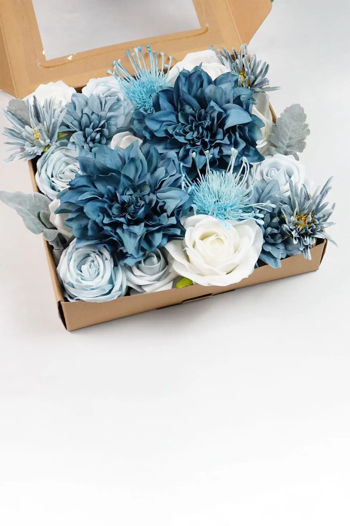 Dusty blue and navy artificial flower box with mixed blooms for DIY wedding centerpieces