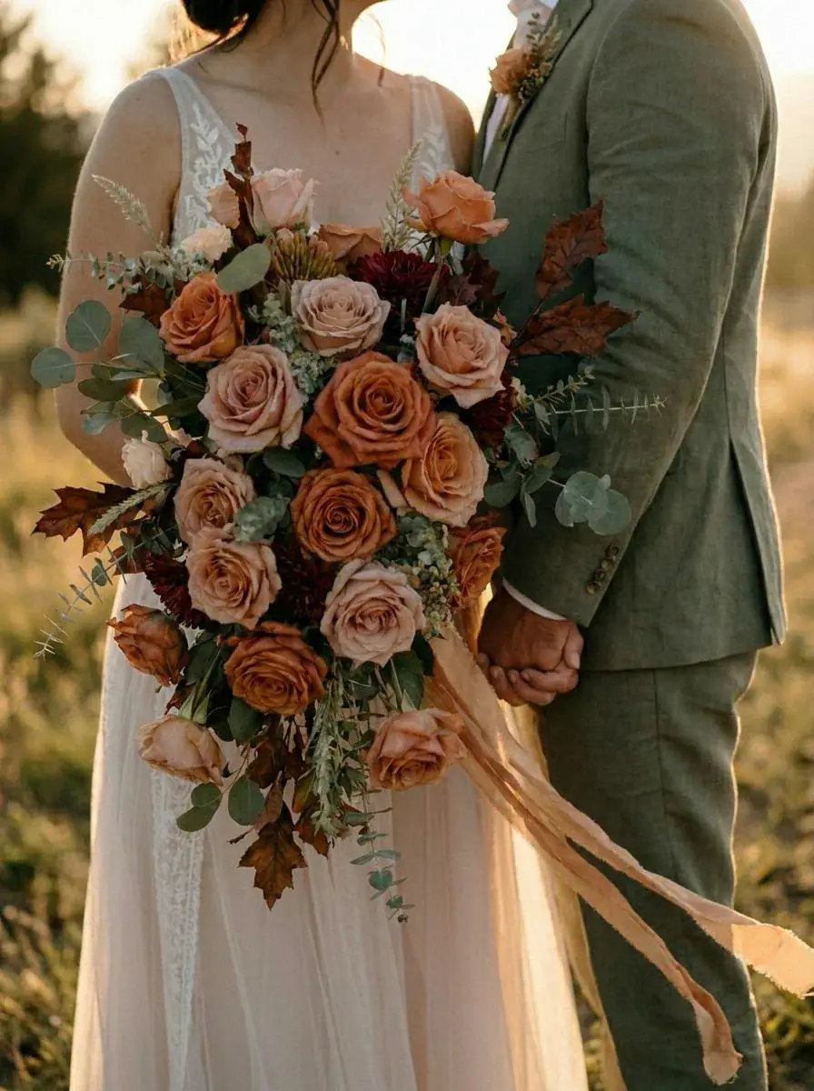 A bride and groom hold hands after deciding on their perfect engagement length.