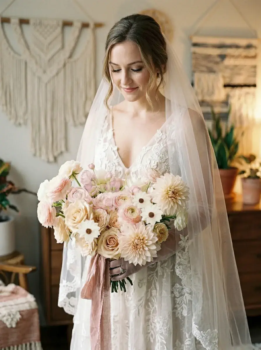 A bride holds her lush bouquet, the centerpiece for her coordinating bridesmaid bouquets.