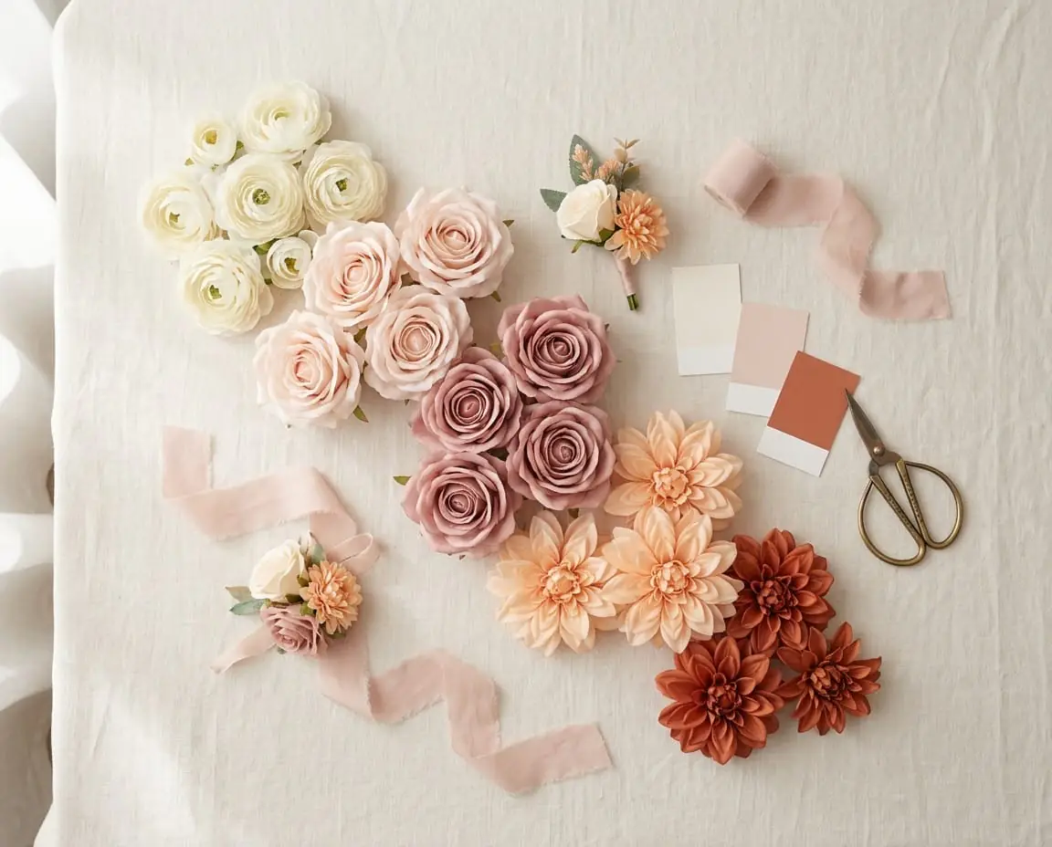 Flat lay of MOEFAL artificial flowers arranged as one color palette, from cream ranunculus through blush and dusty rose roses to peach and terracotta dahlias, with matching boutonnieres and color swatch cards