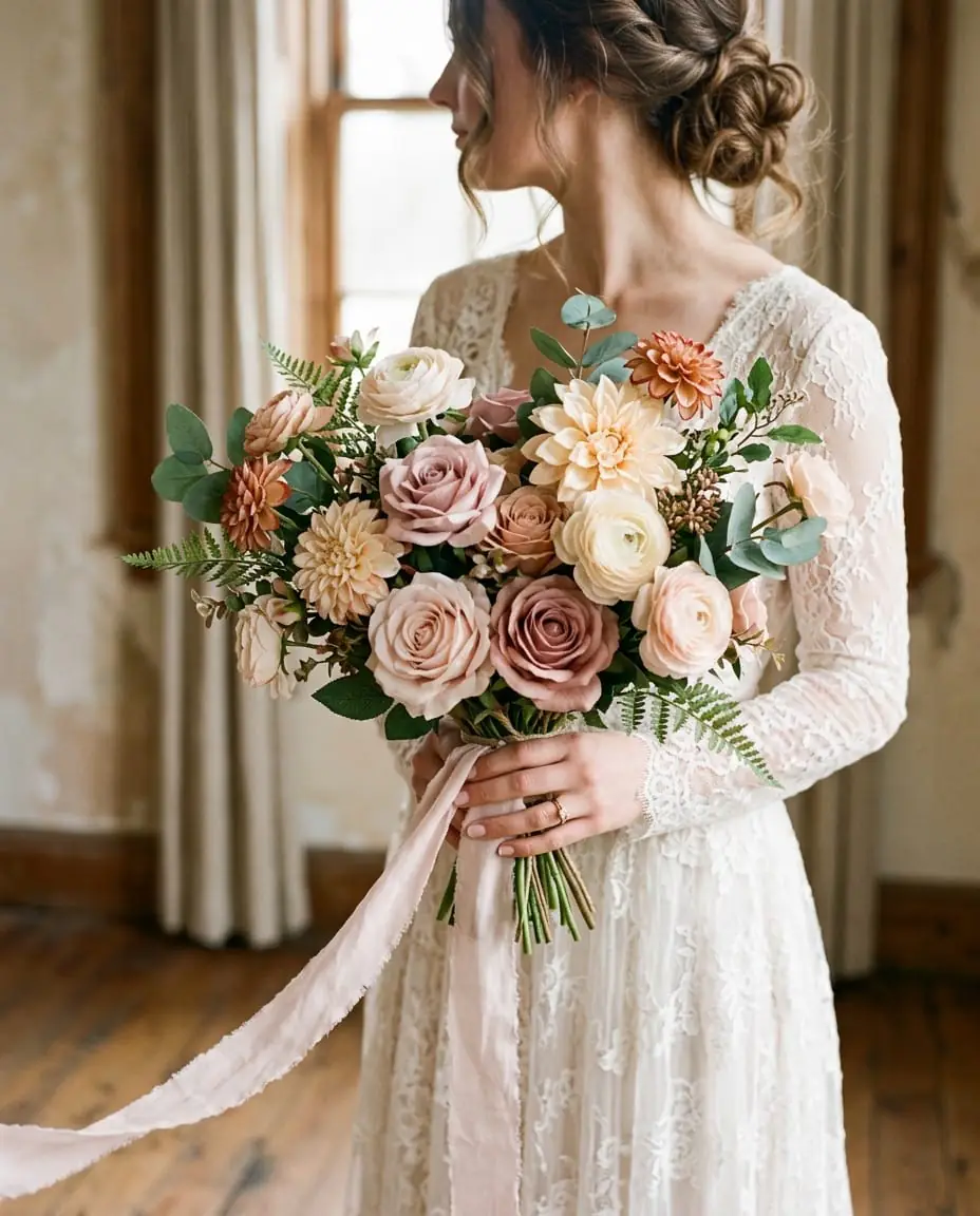 Bride in an ivory lace gown holding a MOEFAL artificial bouquet of blush and dusty rose roses, cream ranunculus and peach dahlias tied with a blush silk ribbon