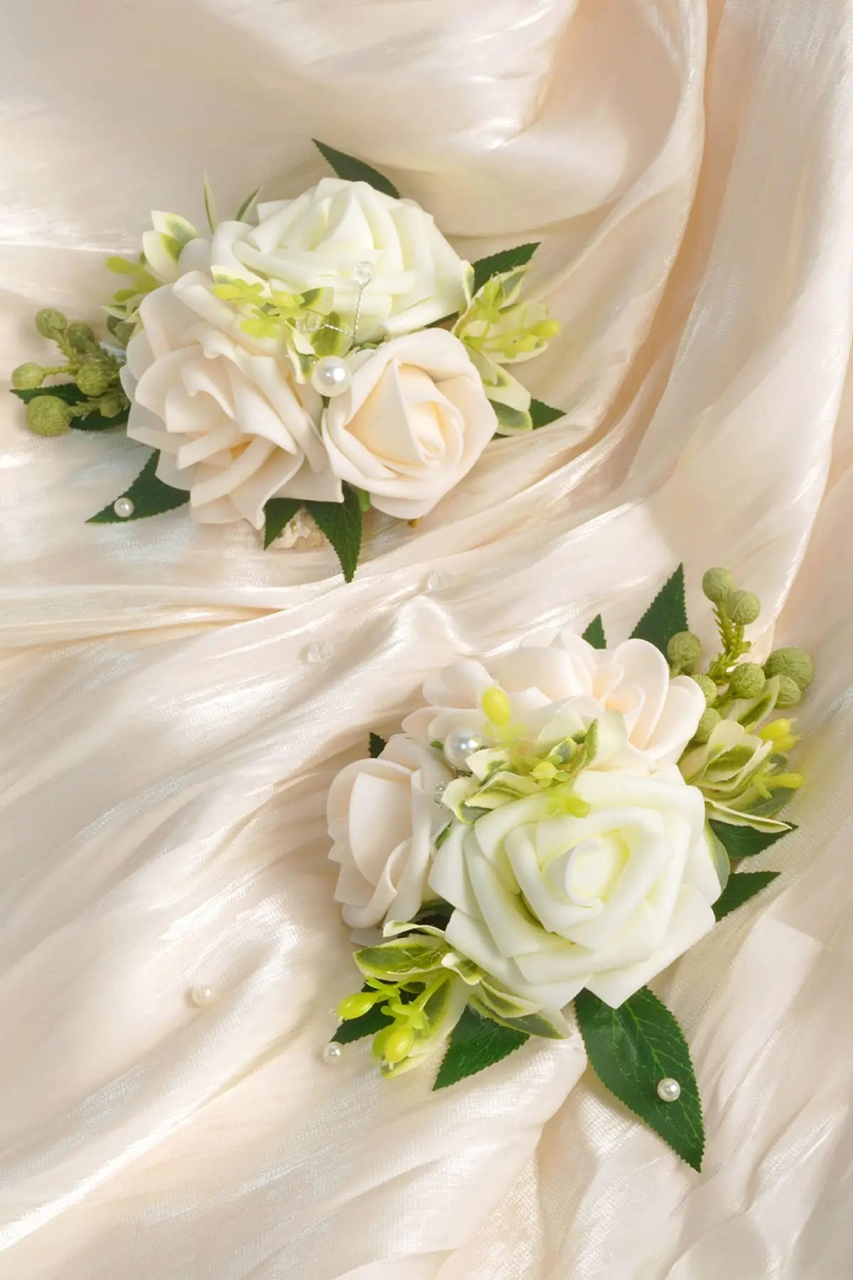 White and ivory wrist corsage set with cotton band for bridesmaids and prom