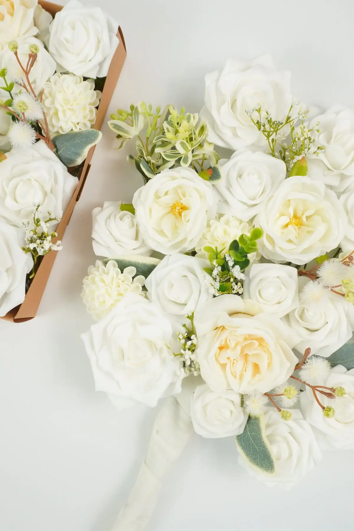 Ivory and sage artificial flower box with mixed blooms for DIY wedding centerpieces