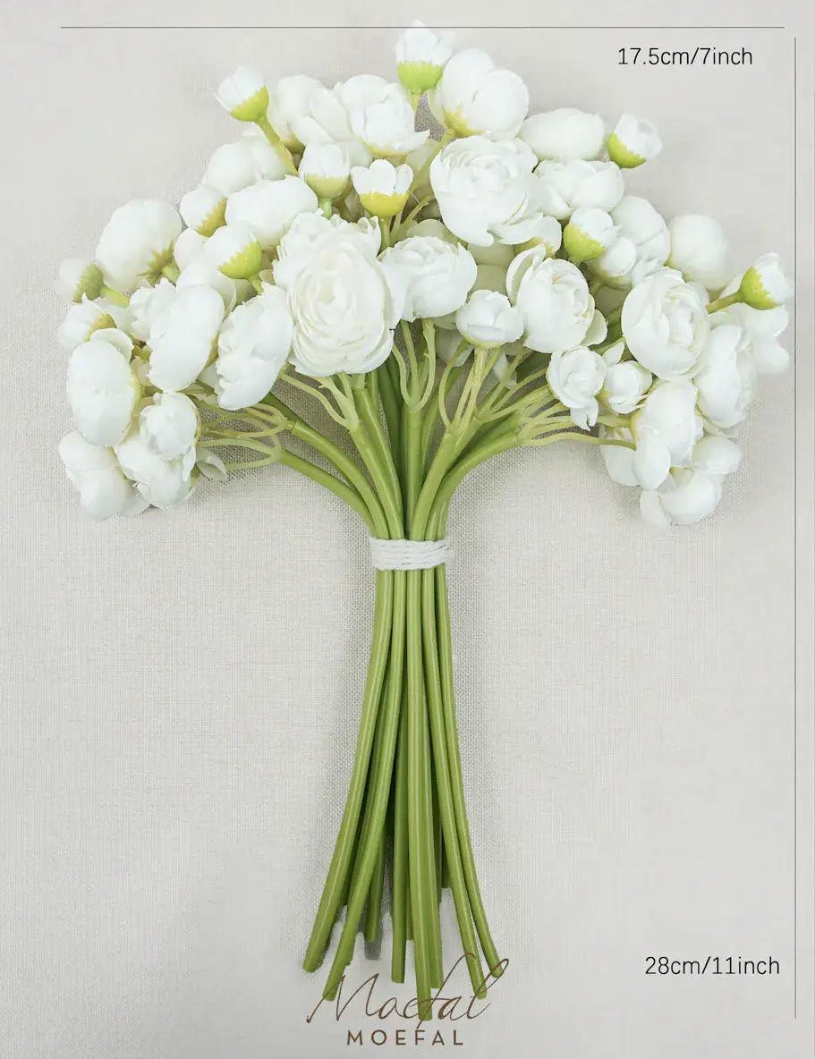 Overhead view of an ivory white mini ranunculus bunch with its 7 and 11 inch dimensions
