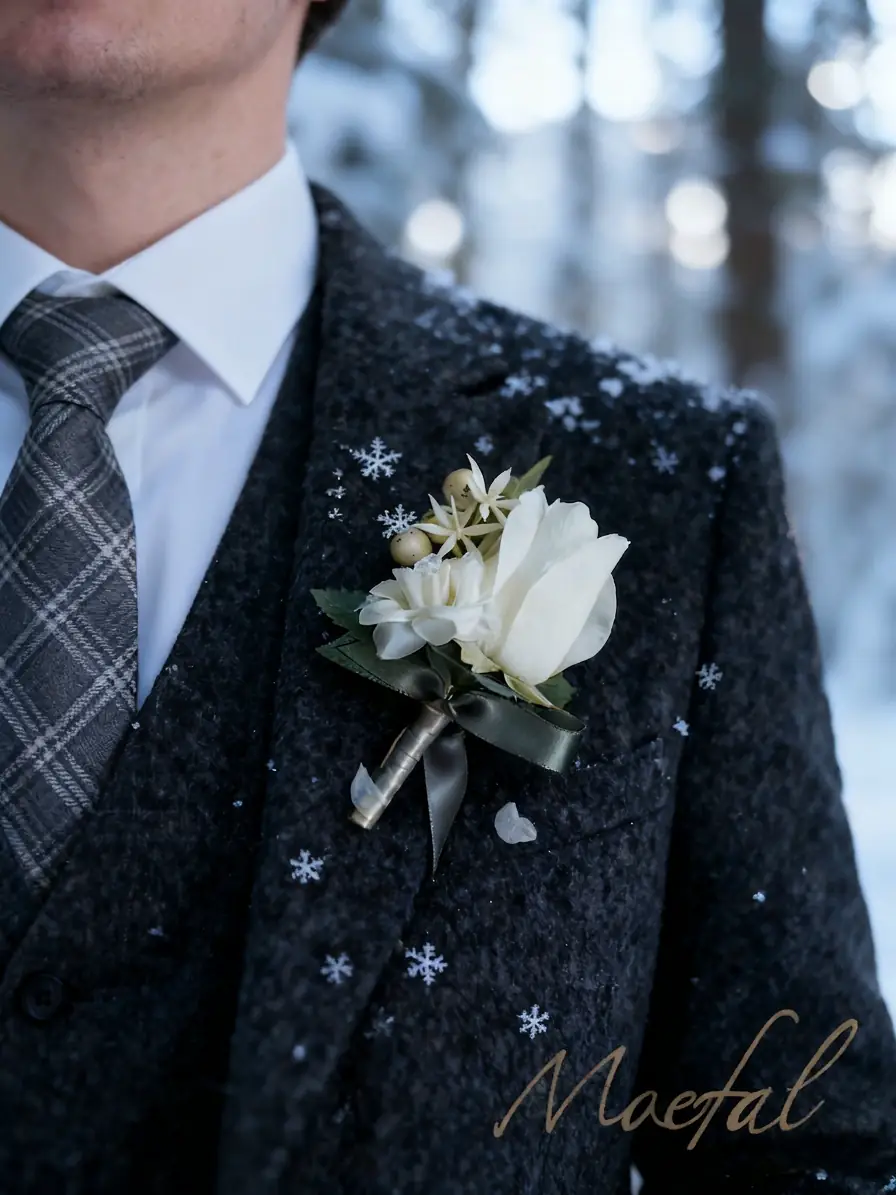 Close-up of a white rose winter wedding boutonniere on a groom's charcoal suit.