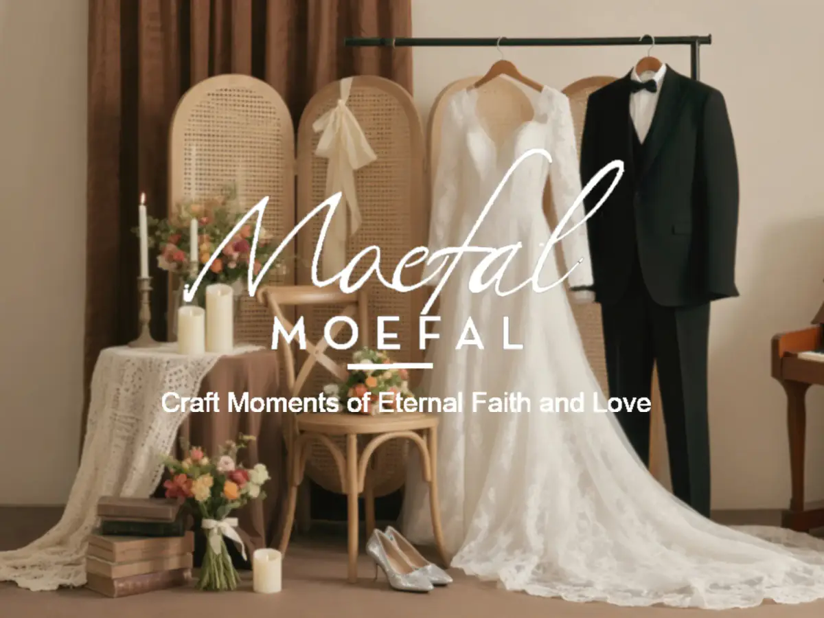 Wedding dress and tuxedo displayed with flowers for timeless wedding decor.