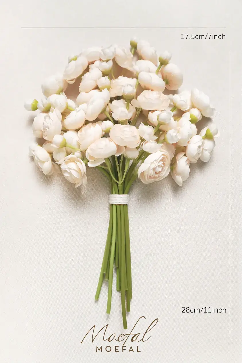 Top-down view of the cream ranunculus bouquet with its size dimensions labeled.