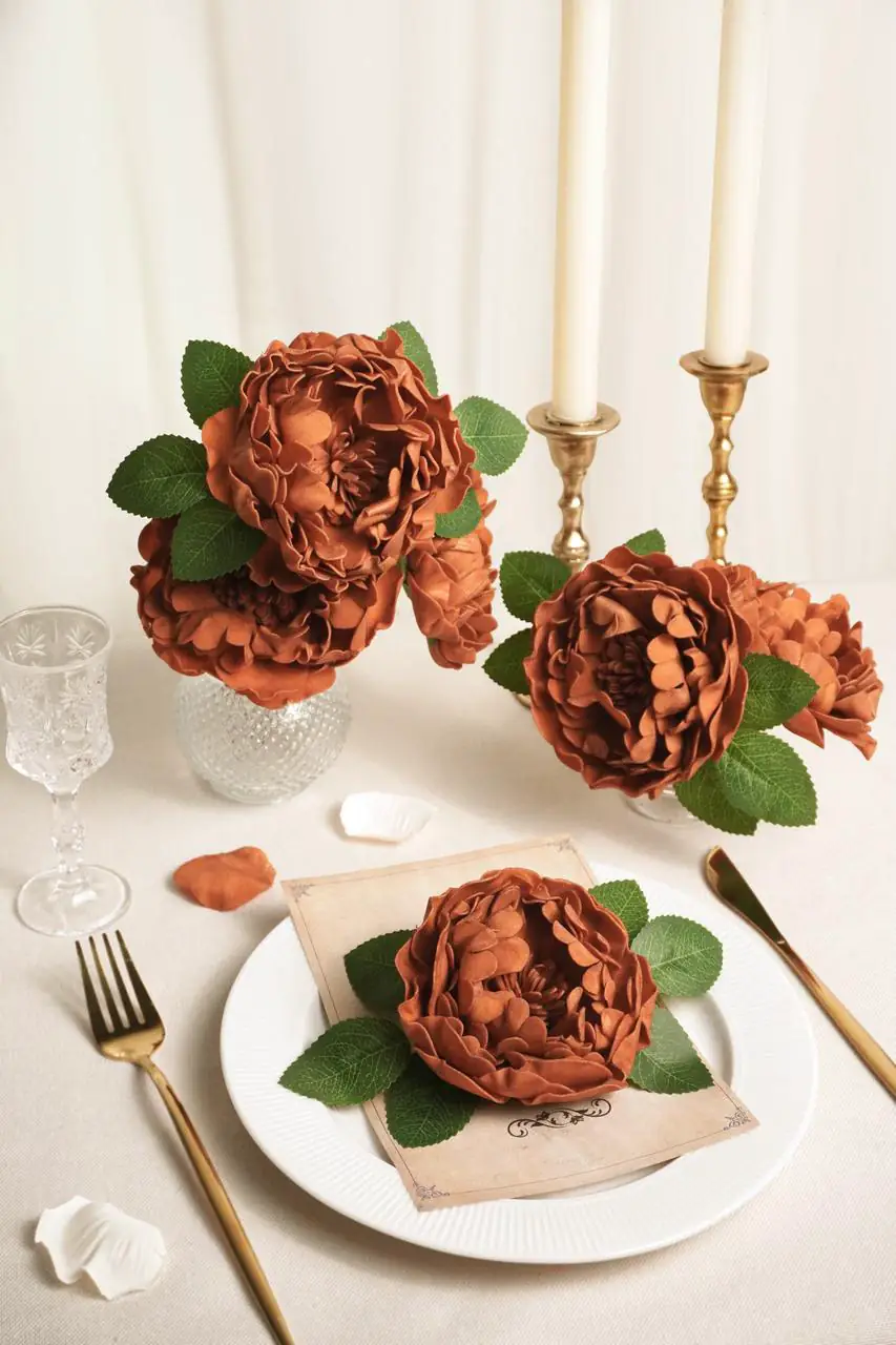 Wedding table setting with terracotta artificial peonies — MOEFAL Terracotta & Amber palette